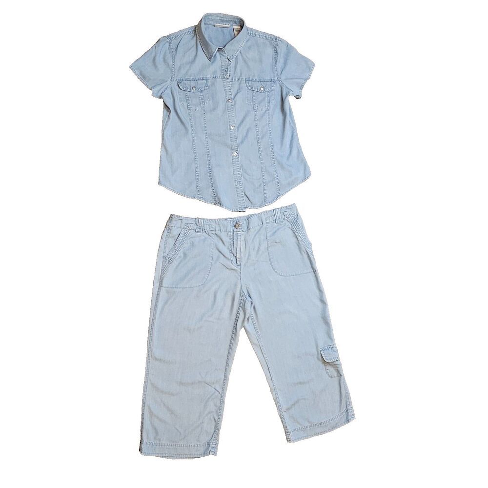 VILLAGER chambray set size 12 top capri pants light wash 90s casual minimal